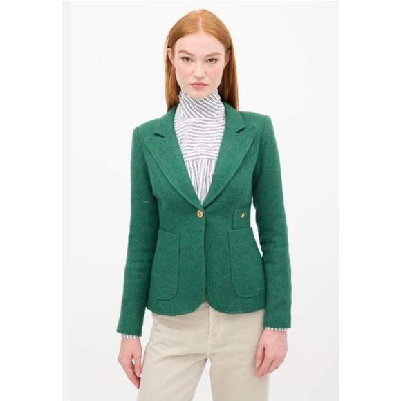 SMYTHE Sz 10 Green Duchess Wool Elbow Patch Suede Trim Jacket Blazer - Picture 1 of 13